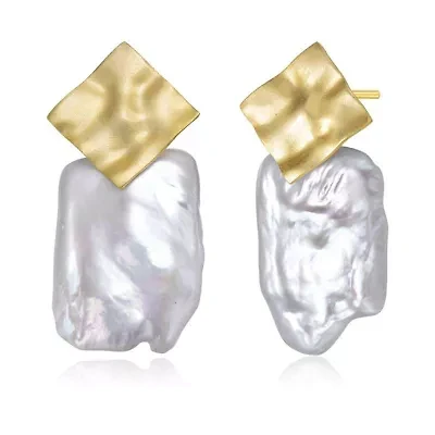 Lab Created Sterling Silver 14K Gold Plated with White Genuine Freshwater Pearl Drop Square Earrings