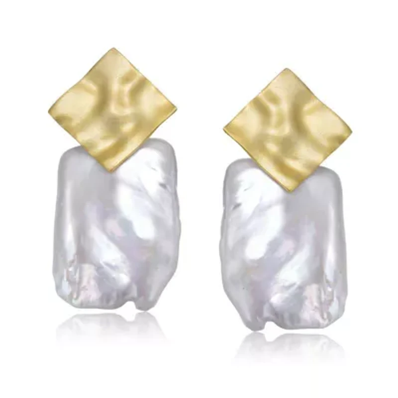 Lab Created Sterling Silver 14K Gold Plated with White Genuine Freshwater Pearl Drop Square Earrings