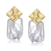 Lab Created Sterling Silver 14K Gold Plated with White Genuine Freshwater Pearl Drop Square Earrings