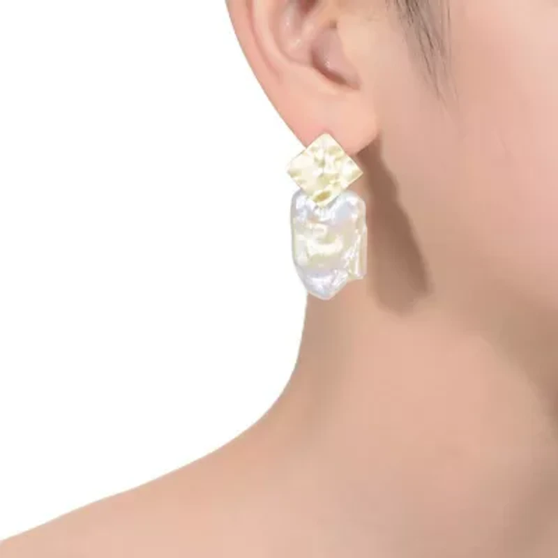 Lab Created Sterling Silver 14K Gold Plated with White Genuine Freshwater Pearl Drop Square Earrings