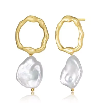 Lab Created Sterling Silver 14K Gold Plated with White Genuine Freshwater Pearl Drop Round Earrings