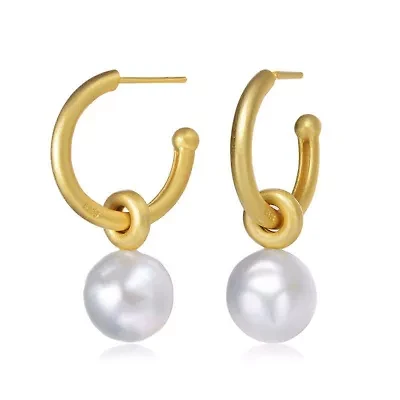 Lab Created Sterling Silver 14K Gold Plated with White Round Genuine Freshwater Pearl Hoop Earrings