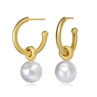 Lab Created Sterling Silver 14K Gold Plated with White Round Genuine Freshwater Pearl Hoop Earrings