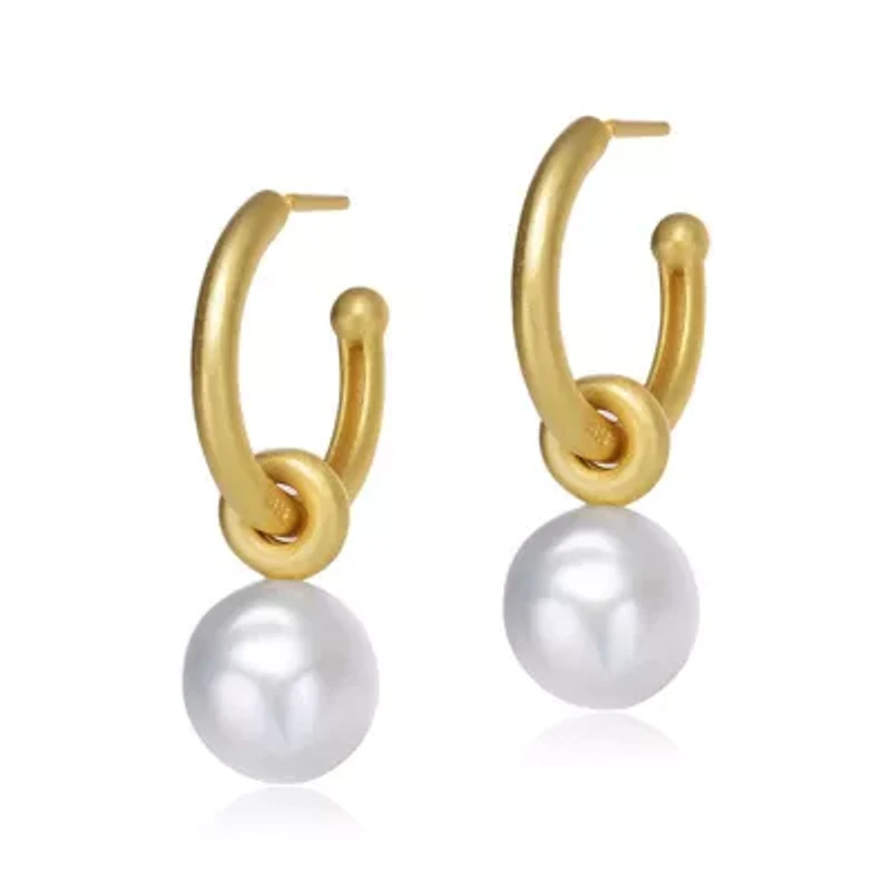 Lab Created Sterling Silver 14K Gold Plated with White Round Genuine Freshwater Pearl Hoop Earrings