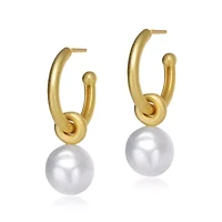 Lab Created Sterling Silver 14K Gold Plated with White Round Genuine Freshwater Pearl Hoop Earrings
