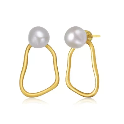 Lab Created Sterling Silver 14K Gold Plated with White Genuine Freshwater Round Pearl Drop Earrings