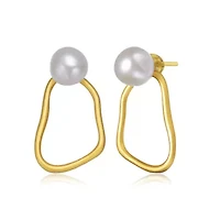 Lab Created Sterling Silver 14K Gold Plated with White Genuine Freshwater Pearl Drop Round Earrings