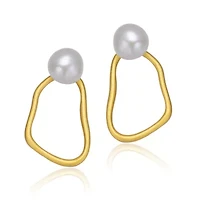 Lab Created Sterling Silver 14K Gold Plated with White Genuine Freshwater Pearl Drop Round Earrings