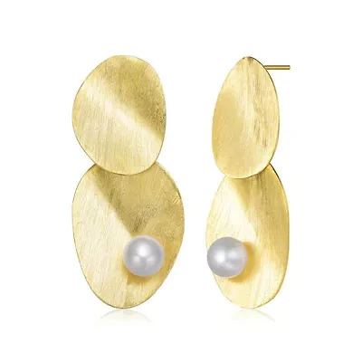 Lab Created Rozzato Sterling Silver 14K Gold Plated with Genuine Freshwater Pearl Unique Earrings