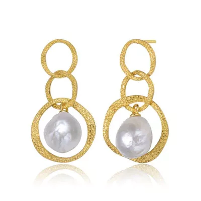 Lab Created Sterling Silver 14K Gold Plated with White Genuine Freshwater Drop Pearl Modern Earrings