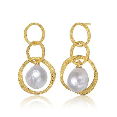 Lab Created Sterling Silver 14K Gold Plated with White Genuine Freshwater Drop Pearl Modern Earrings