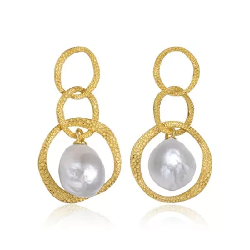 Lab Created Sterling Silver 14K Gold Plated with White Genuine Freshwater Drop Pearl Modern Earrings