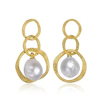 Lab Created Sterling Silver 14K Gold Plated with White Genuine Freshwater Drop Pearl Modern Earrings