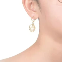 Lab Created Sterling Silver 14K Gold Plated with White Genuine Freshwater Drop Pearl Modern Earrings