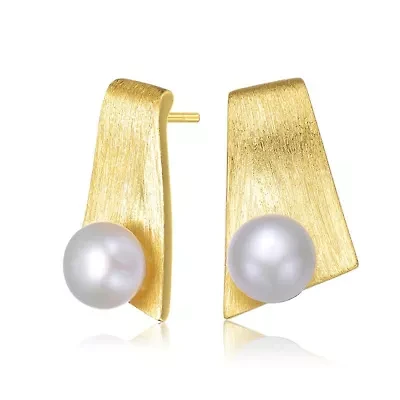 Lab Created Sterling Silver 14K Gold Plated with White Genuine Freshwater Round Pearl Unique Earrings