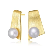 Lab Created Sterling Silver 14K Gold Plated with White Genuine Freshwater Round Pearl Unique Earrings
