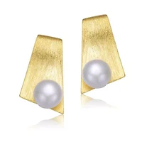 Lab Created Sterling Silver 14K Gold Plated with White Genuine Freshwater Round Pearl Unique Earrings