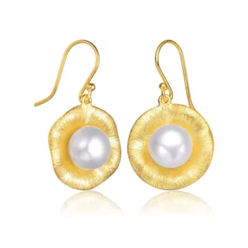 Lab Created Sterling Silver 14K Gold Plated with White Genuine Freshwater Round Pearl Hook Earrings