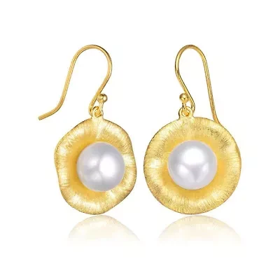 Lab Created Sterling Silver 14K Gold Plated with White Genuine Freshwater Round Pearl Hook Earrings