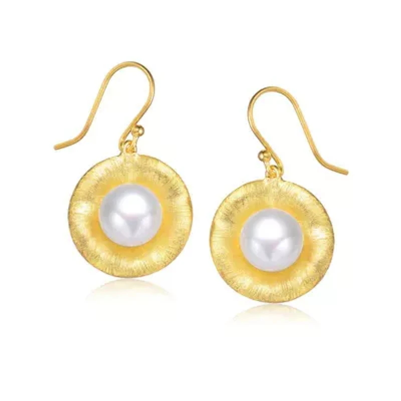 Lab Created Sterling Silver 14K Gold Plated with White Genuine Freshwater Round Pearl Hook Earrings