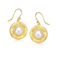Lab Created Sterling Silver 14K Gold Plated with White Genuine Freshwater Round Pearl Hook Earrings