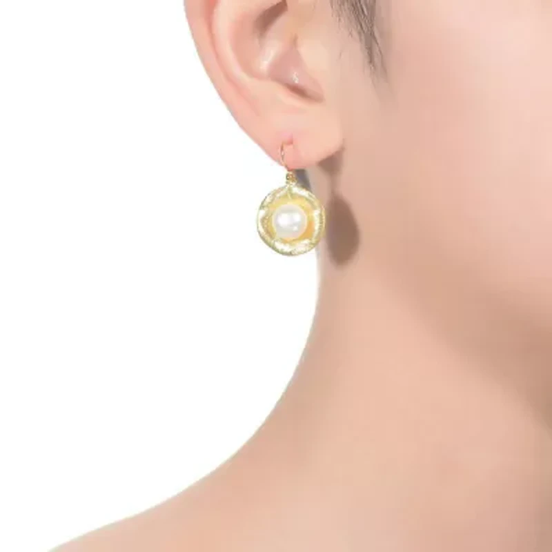 Lab Created Sterling Silver 14K Gold Plated with White Genuine Freshwater Round Pearl Hook Earrings