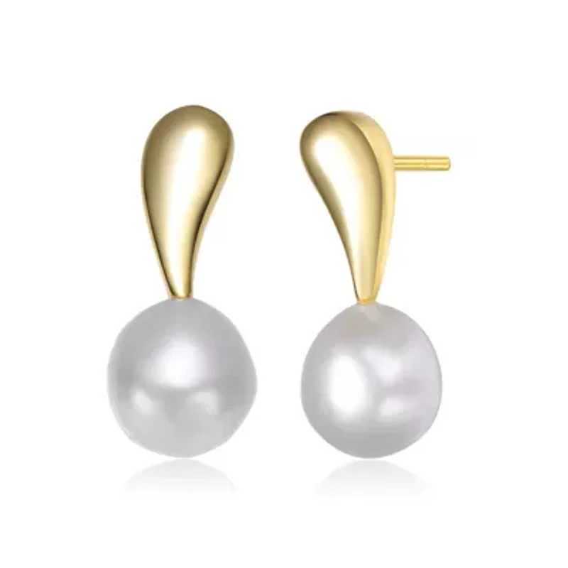 Lab Created Sterling Silver 14K Gold Plated with White Genuine Freshwater Round Pearl Stud Earrings