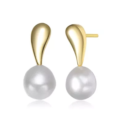 Lab Created Sterling Silver 14K Gold Plated with White Genuine Freshwater Round Pearl Stud Earrings