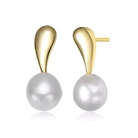 Lab Created Sterling Silver 14K Gold Plated with White Genuine Freshwater Round Pearl Stud Earrings