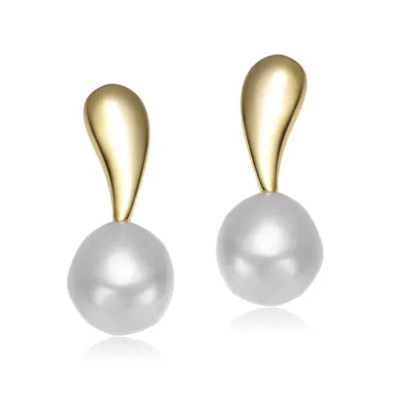 Lab Created Sterling Silver 14K Gold Plated with White Genuine Freshwater Round Pearl Stud Earrings