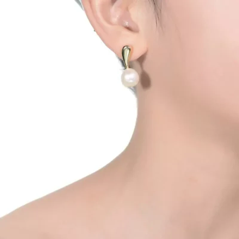 Lab Created Sterling Silver 14K Gold Plated with White Genuine Freshwater Round Pearl Stud Earrings