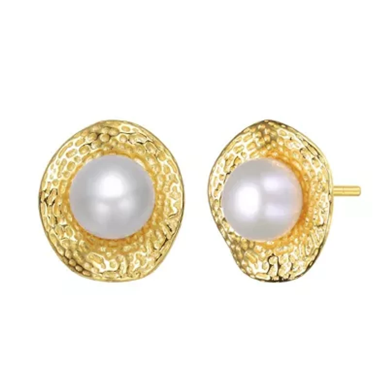 Lab Created Sterling Silver 14K Gold Plated with White Genuine Freshwater Pearl Hammered Stud Earrings