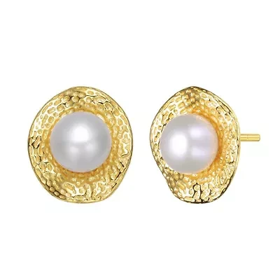 Lab Created Sterling Silver 14K Gold Plated with White Genuine Freshwater Pearl Hammered Stud Earrings