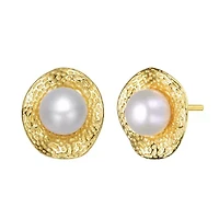 Lab Created Sterling Silver 14K Gold Plated with White Genuine Freshwater Pearl Hammered Stud Earrings