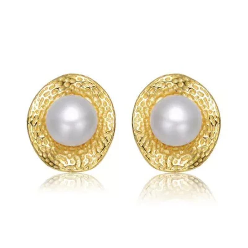 Lab Created Sterling Silver 14K Gold Plated with White Genuine Freshwater Pearl Hammered Stud Earrings