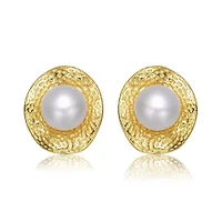 Lab Created Sterling Silver 14K Gold Plated with White Genuine Freshwater Pearl Hammered Stud Earrings