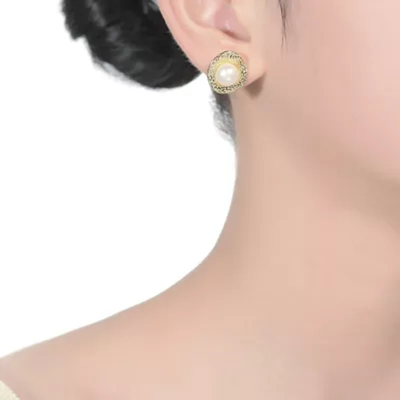 Lab Created Sterling Silver 14K Gold Plated with White Genuine Freshwater Pearl Hammered Stud Earrings