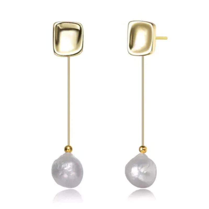 Lab Created Sterling Silver 14K Gold Plated with White Genuine Freshwater Pearl Drop Earrings