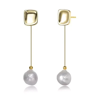 Lab Created Sterling Silver 14K Gold Plated with White Genuine Freshwater Pearl Drop Earrings