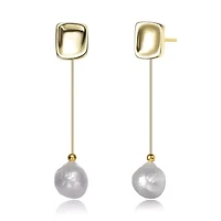 Lab Created Sterling Silver 14K Gold Plated with White Genuine Freshwater Pearl Drop Earrings