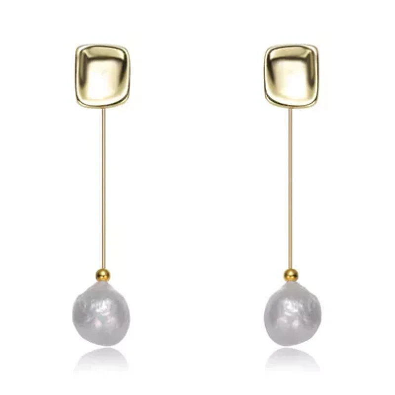 Lab Created Sterling Silver 14K Gold Plated with White Genuine Freshwater Pearl Drop Earrings