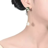 Lab Created Sterling Silver 14K Gold Plated with White Genuine Freshwater Pearl Drop Earrings