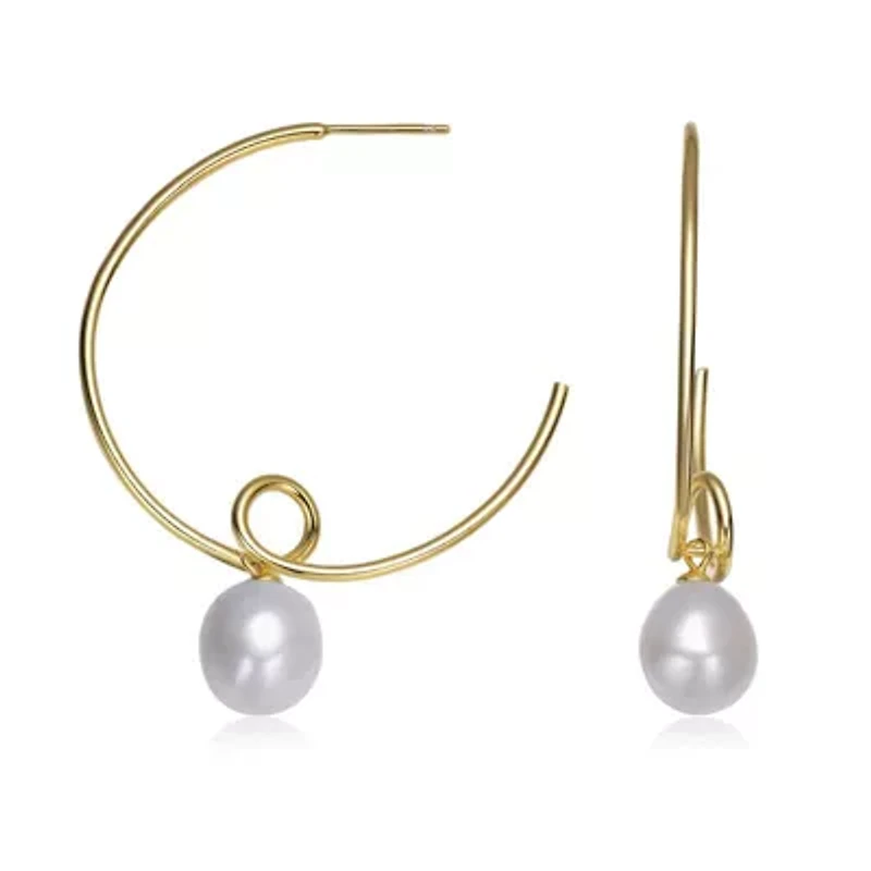 Lab Created Sterling Silver 14K Gold Plated with White Genuine Freshwater Round Pearl Hoop Earrings