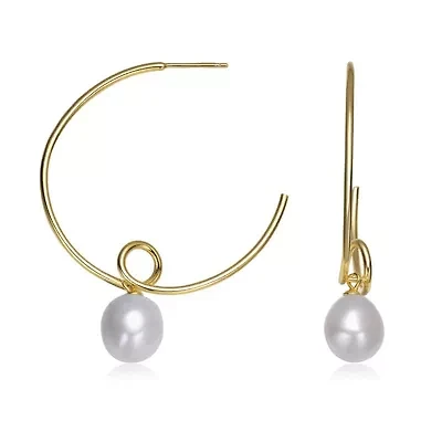 Lab Created Sterling Silver 14K Gold Plated with White Genuine Freshwater Round Pearl Hoop Earrings