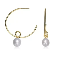 Lab Created Sterling Silver 14K Gold Plated with White Genuine Freshwater Round Pearl Hoop Earrings