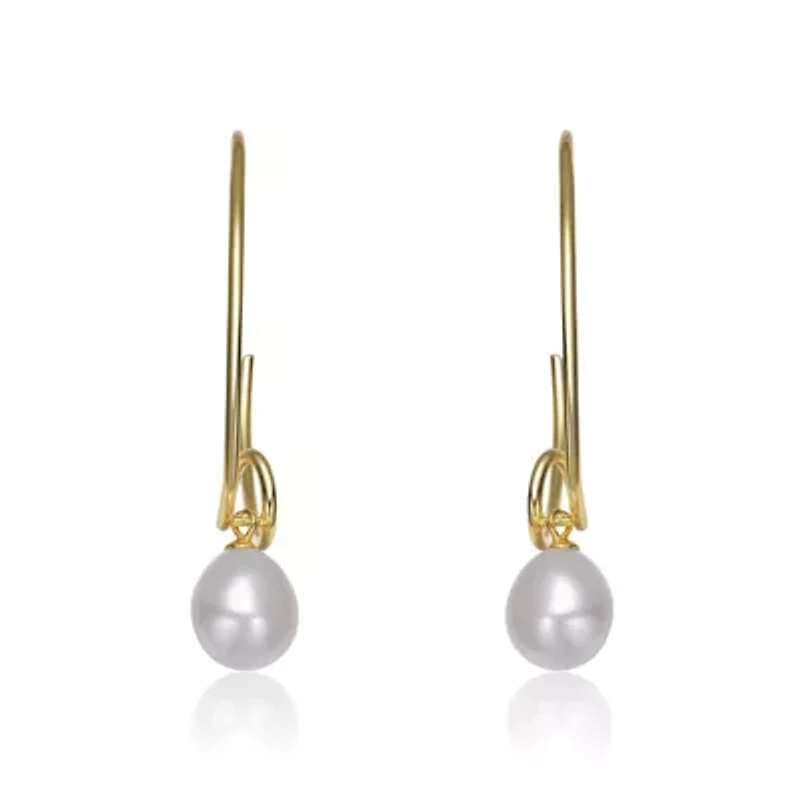 Lab Created Sterling Silver 14K Gold Plated with White Genuine Freshwater Round Pearl Hoop Earrings