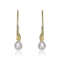 Lab Created Sterling Silver 14K Gold Plated with White Genuine Freshwater Round Pearl Hoop Earrings