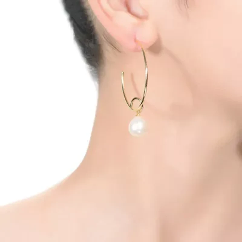 Lab Created Sterling Silver 14K Gold Plated with White Genuine Freshwater Round Pearl Hoop Earrings