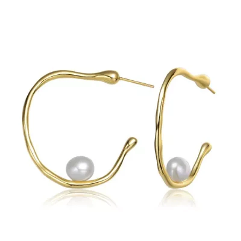 Lab Created Sterling Silver 14K Gold Plated with White Genuine Freshwater Pearl Hoop Earrings
