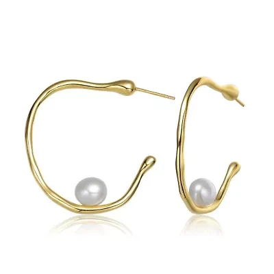 Lab Created Sterling Silver 14K Gold Plated with White Genuine Freshwater Pearl Hoop Earrings